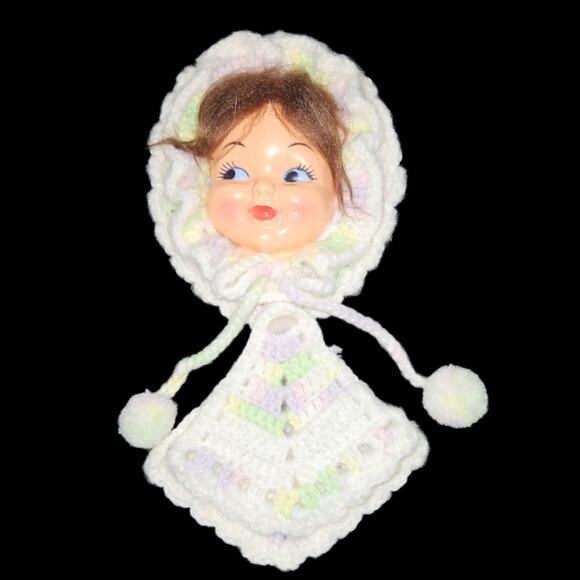 Vintage Crochet Doll Potholder Set Plastic Head Kitchen Decor Lt Green & White - Picture 1 of 3